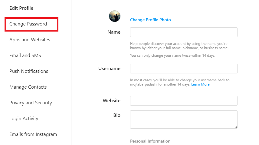 تغییر پسورد
